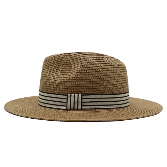 Khaki Woven Straw Beach Sun Fedora Hat - Picture 4 of 5